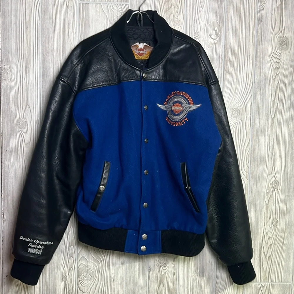 MENS HARLEY DAVIDSON UNIVERSITY DEALER 2002 VARSITY LEATHER/WOOL JACKET Medium
